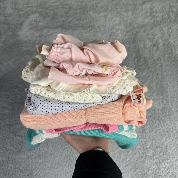 Vintage Baby Girl  7 Piece Clothing Lot Romper Jumper Dress Bloomer Cardigan - Picture 1 of 5